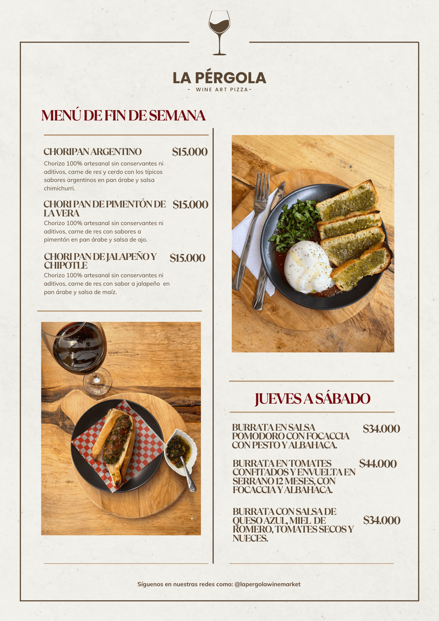 Menú entradas empanadas, pizzas tradicionales, vinos