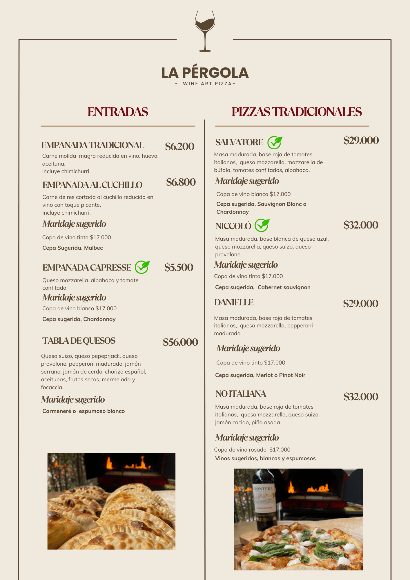 Menú entradas empanadas, pizzas tradicionales, vinos