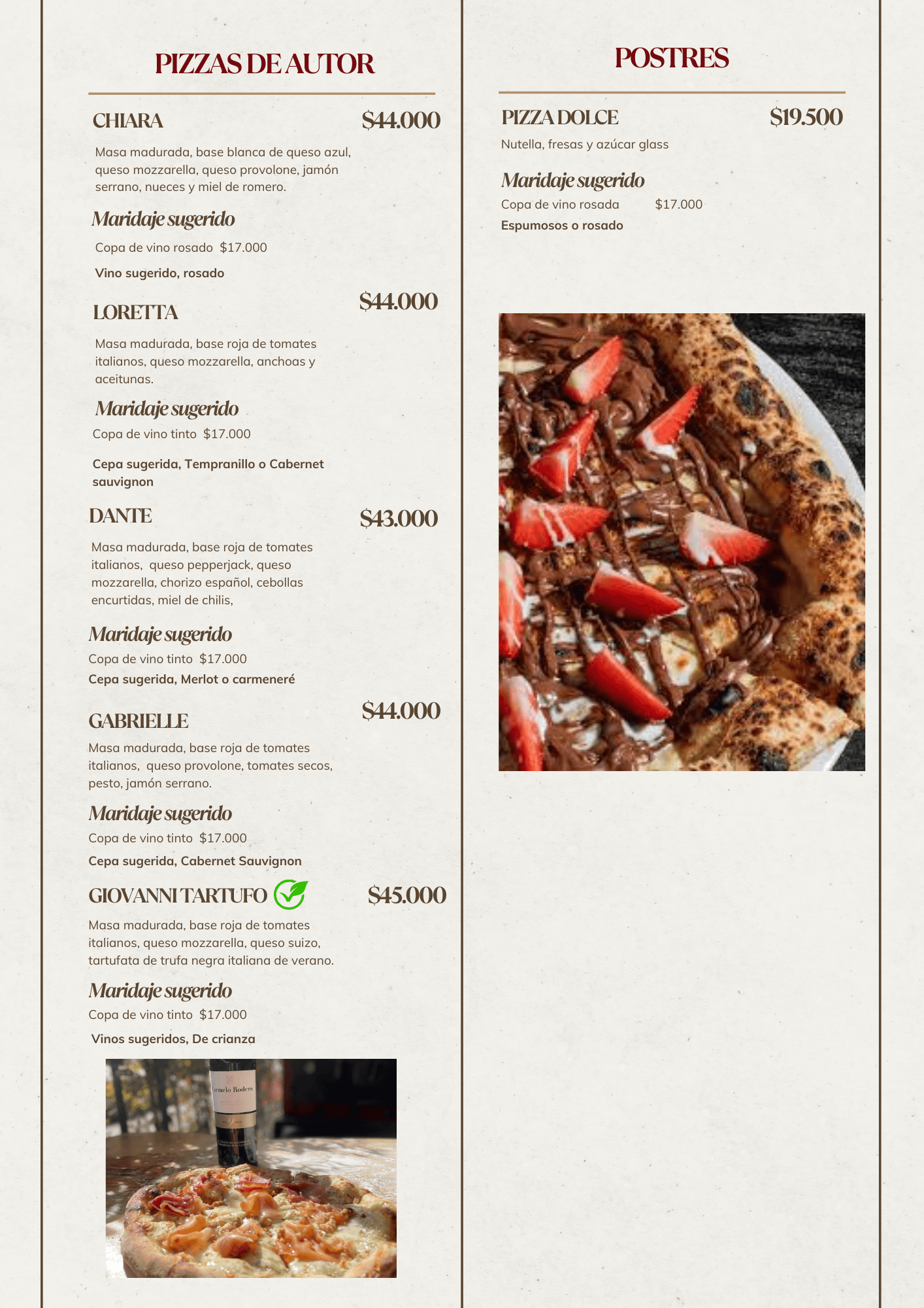 Menú entradas empanadas, pizzas tradicionales, vinos