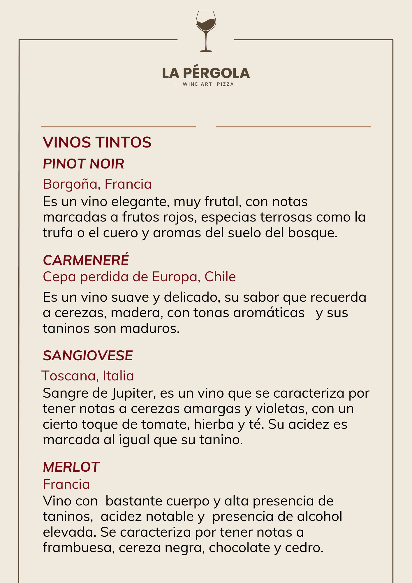 Menú entradas empanadas, pizzas tradicionales, vinos