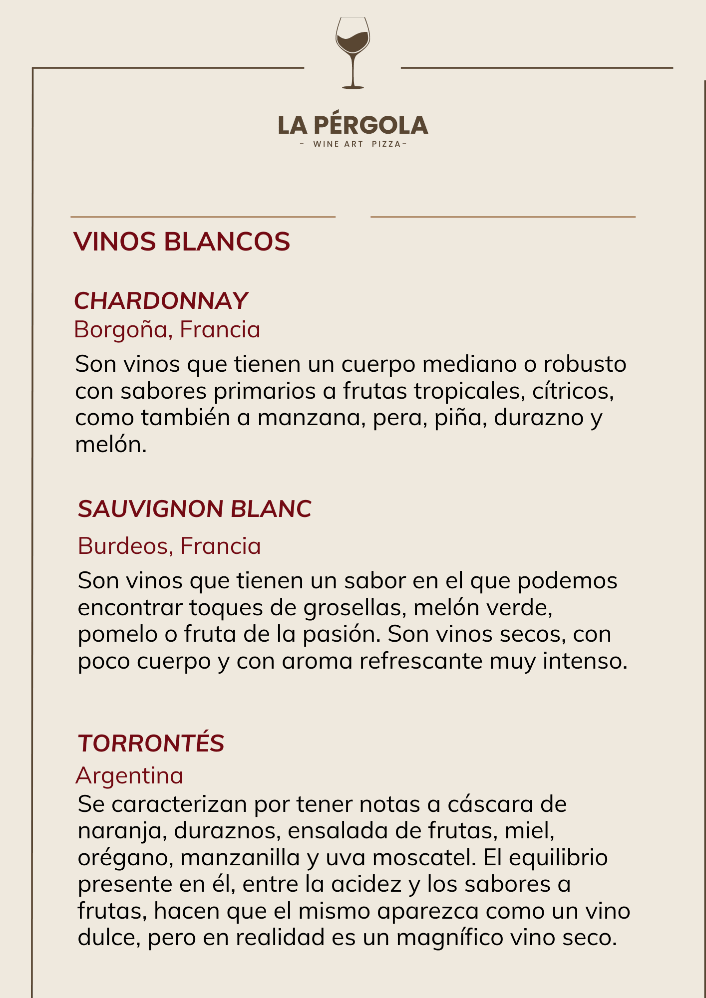 Menú entradas empanadas, pizzas tradicionales, vinos